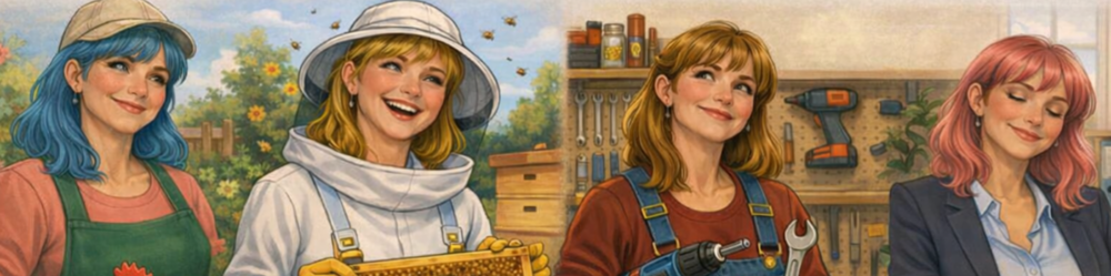 decorative banner image showing Su as a gardener, beekeeper, diy-er and administrator